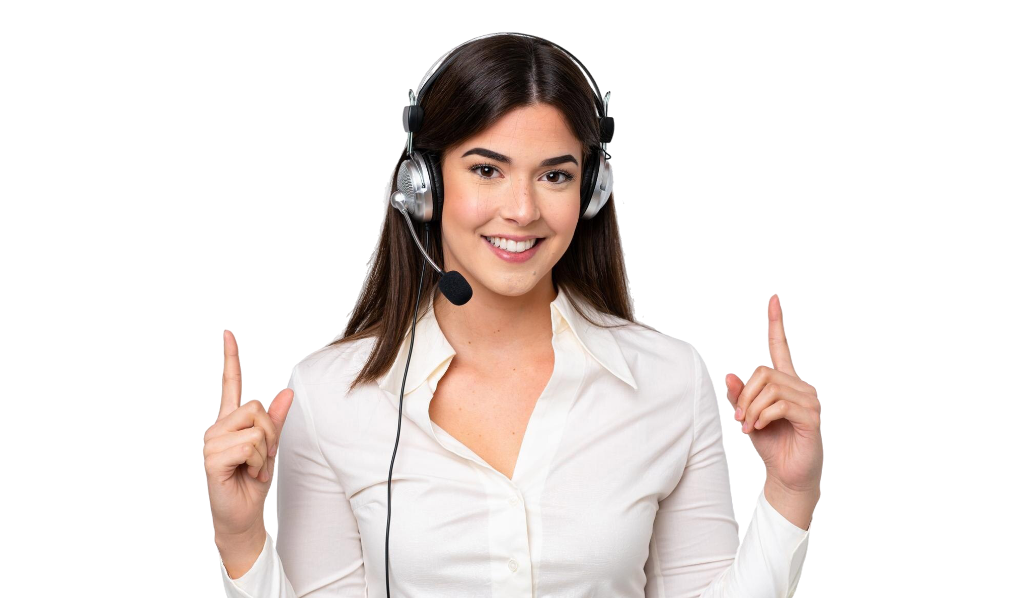 telemarketer mujer caucasica trabajando auricular aislado sobre fondo blanco apuntando gran idea 1