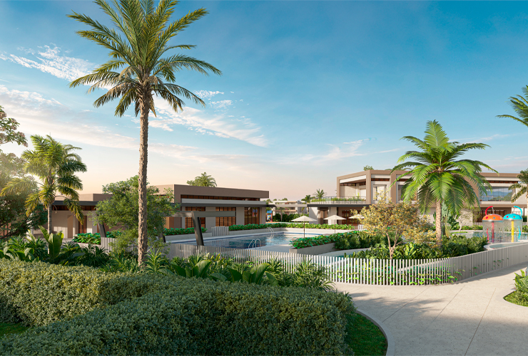 Render de zona acuática Santorini