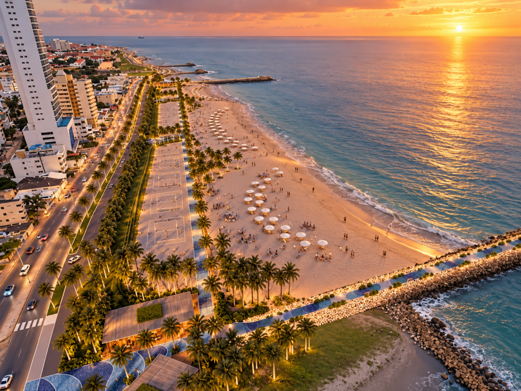 Atardecer dorado en la costa urbana