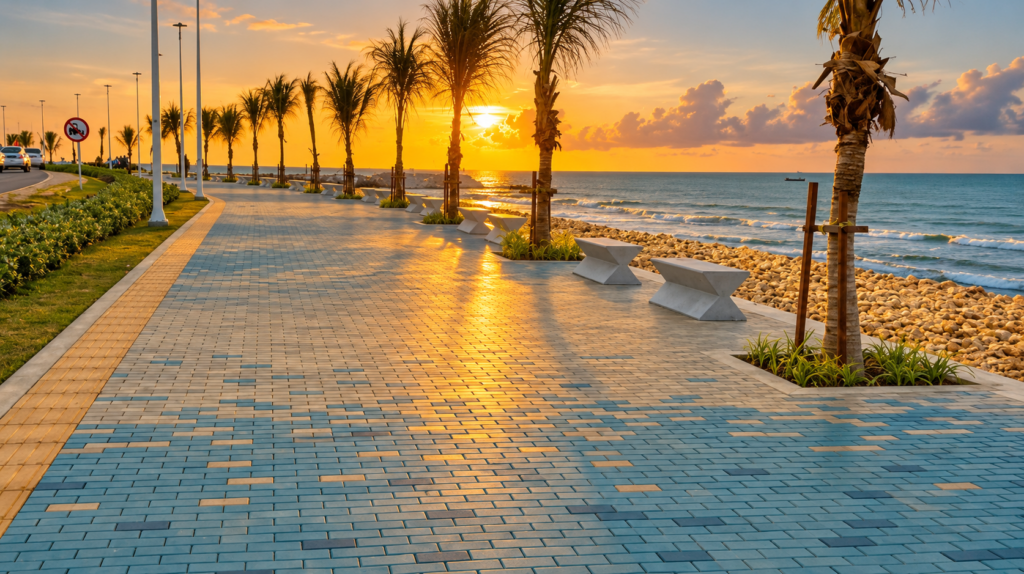 Paseo marítimo al atardecer con palmeras